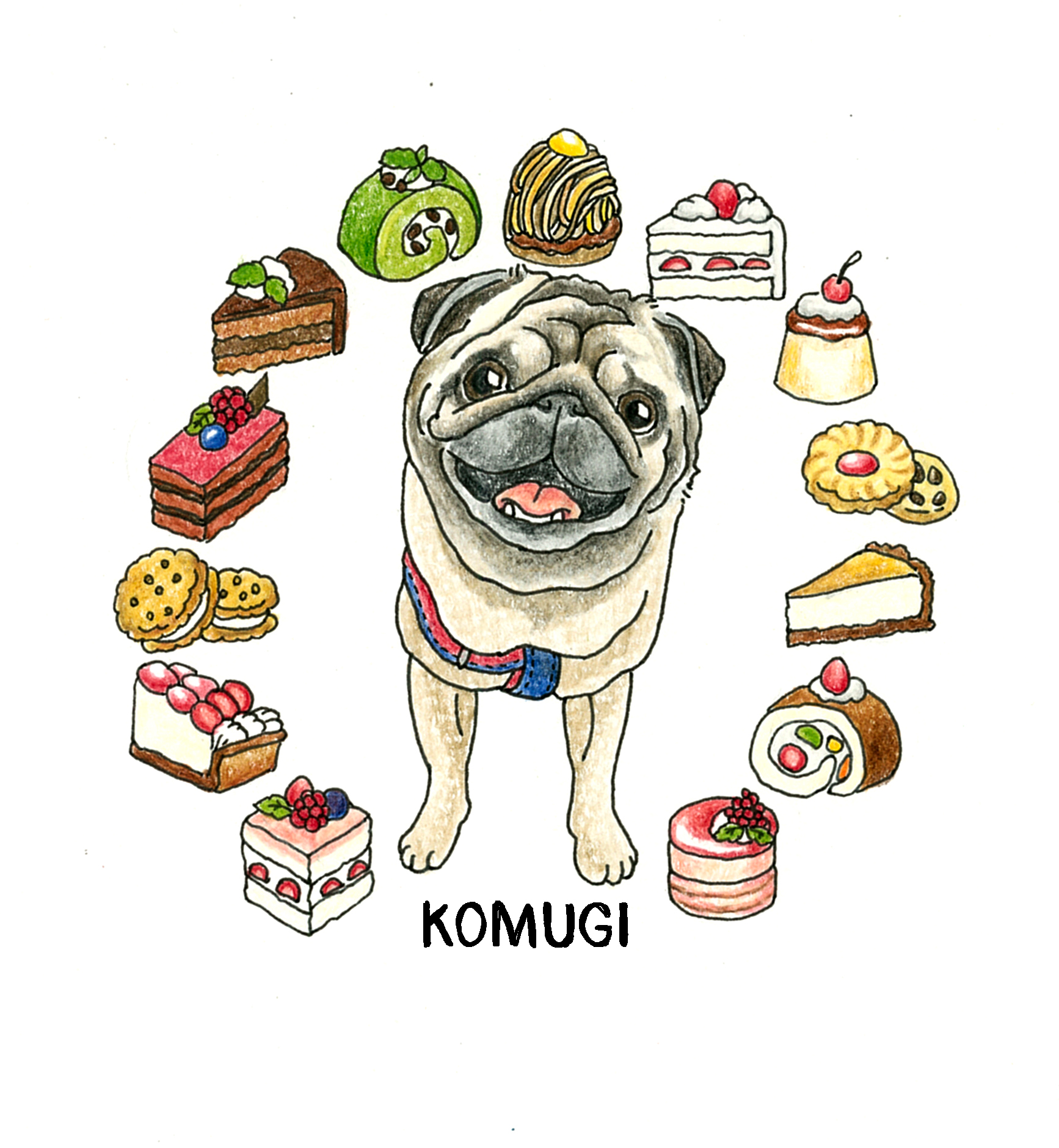 パグの似顔絵イラスト【KOMUGIとスイーツ】